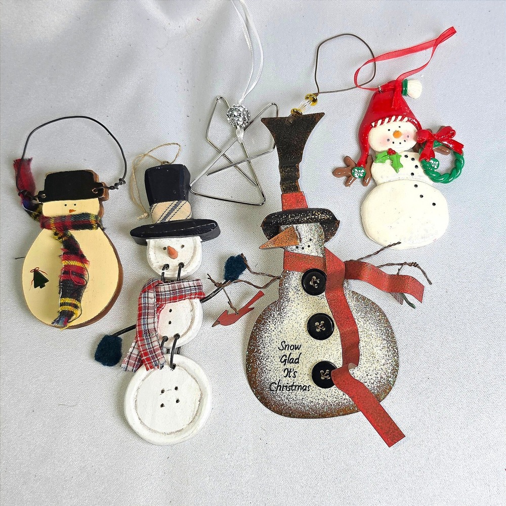 Lot of 5 Christmas Ornaments Snowman Rustic Metal Wood Resin Wire Angel Holiday